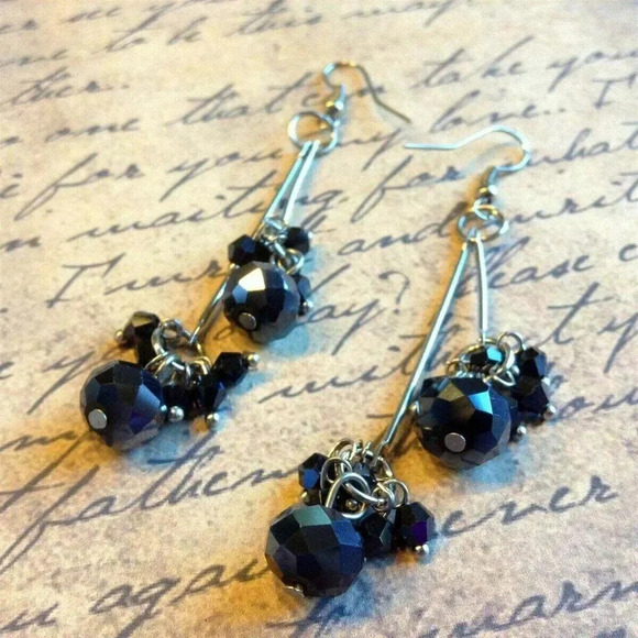 Hand Crafted Swingy Black Faceted Czech Crystal 80mm Long Double Dangle Earrings - Picture 2 of 5